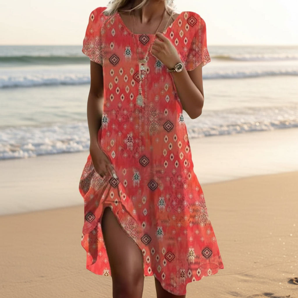 Print Midi Dress – Scoop Neck Geometric Pattern Boho Dress