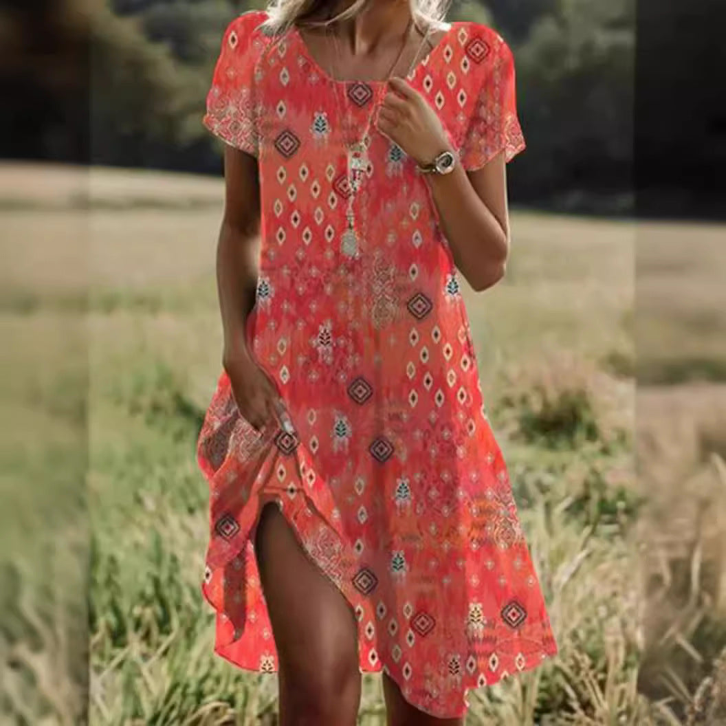 Print Midi Dress – Scoop Neck Geometric Pattern Boho Dress