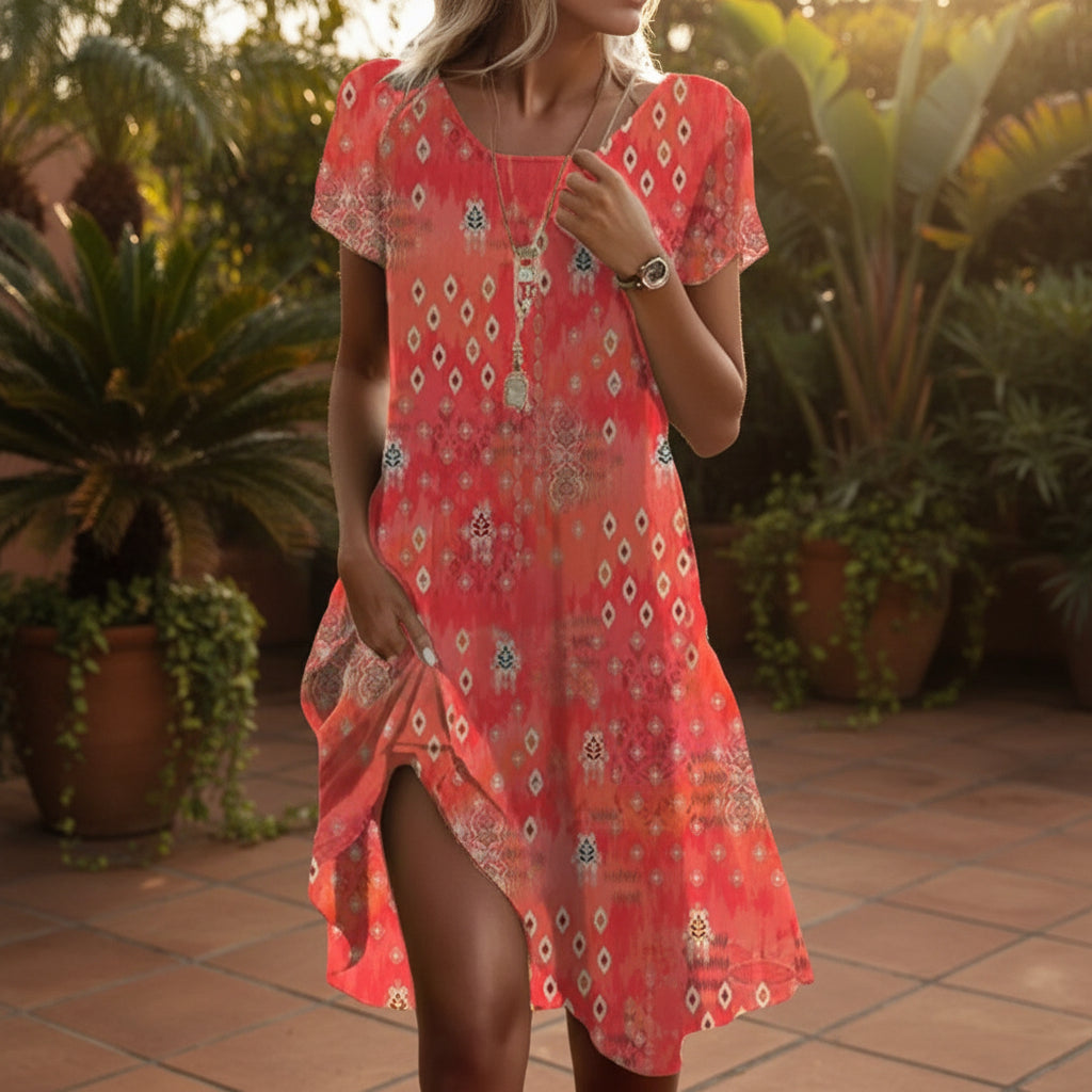 Print Midi Dress – Scoop Neck Geometric Pattern Boho Dress