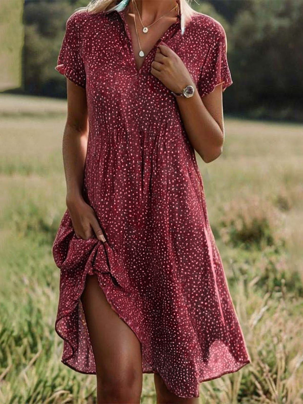 Print Midi Dress – Scoop Neck Geometric Pattern Boho Dress